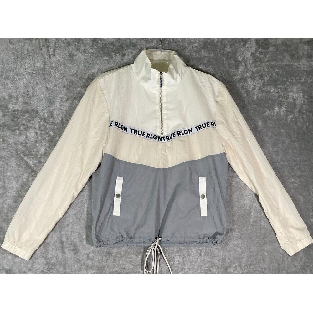 True Religion Windbreaker Jacket‎ Women's S Half Zip Lined Gray White